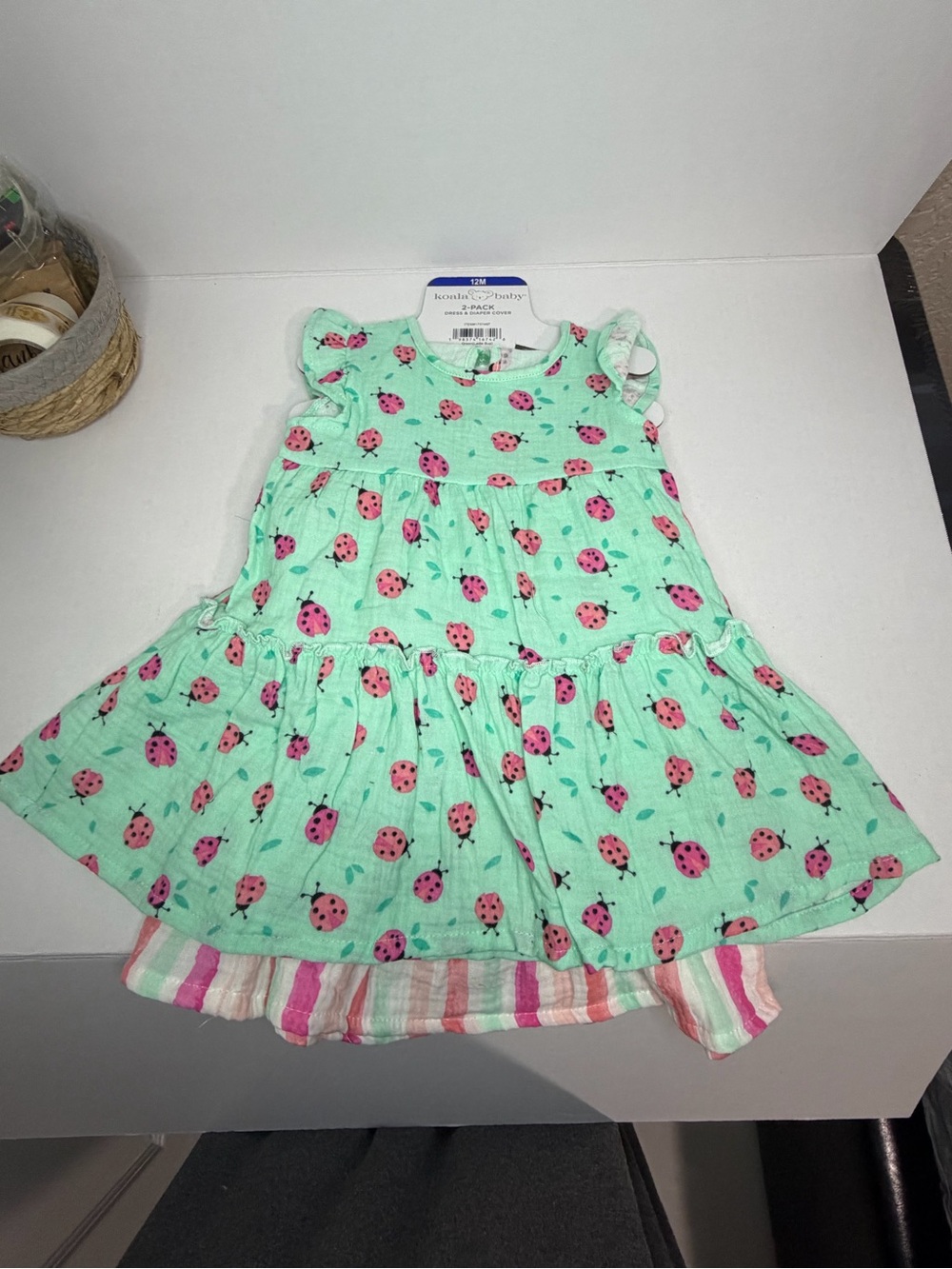 Infant/Toddler Mint Green Ladybug Tiered Dress with Pink Accents